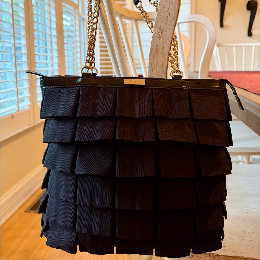 Kate Spade Black Ruffle Tiered Tote Shoulder Bag Gold Chain Strap